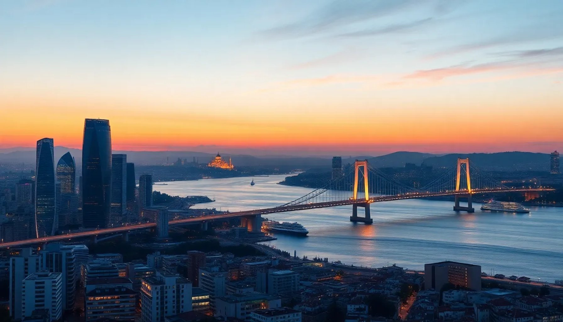 Vista panorámica de Estambul al atardecer con rascacielos modernos y el puente del Bósforo iluminado, simbolizando el futuro ambicioso de Turquía
