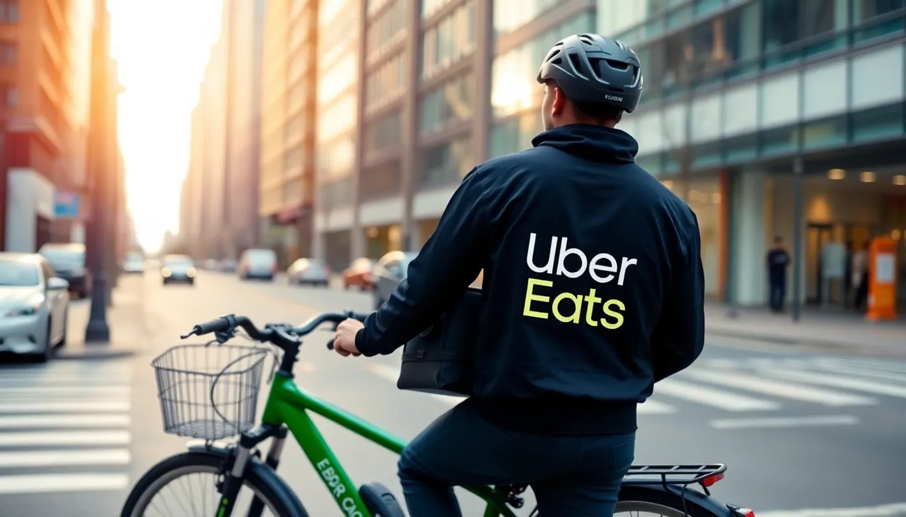 Repartidor de Uber Eats con uniforme y bicicleta en una calle urbana, simbolizando el cambio de modelo laboral