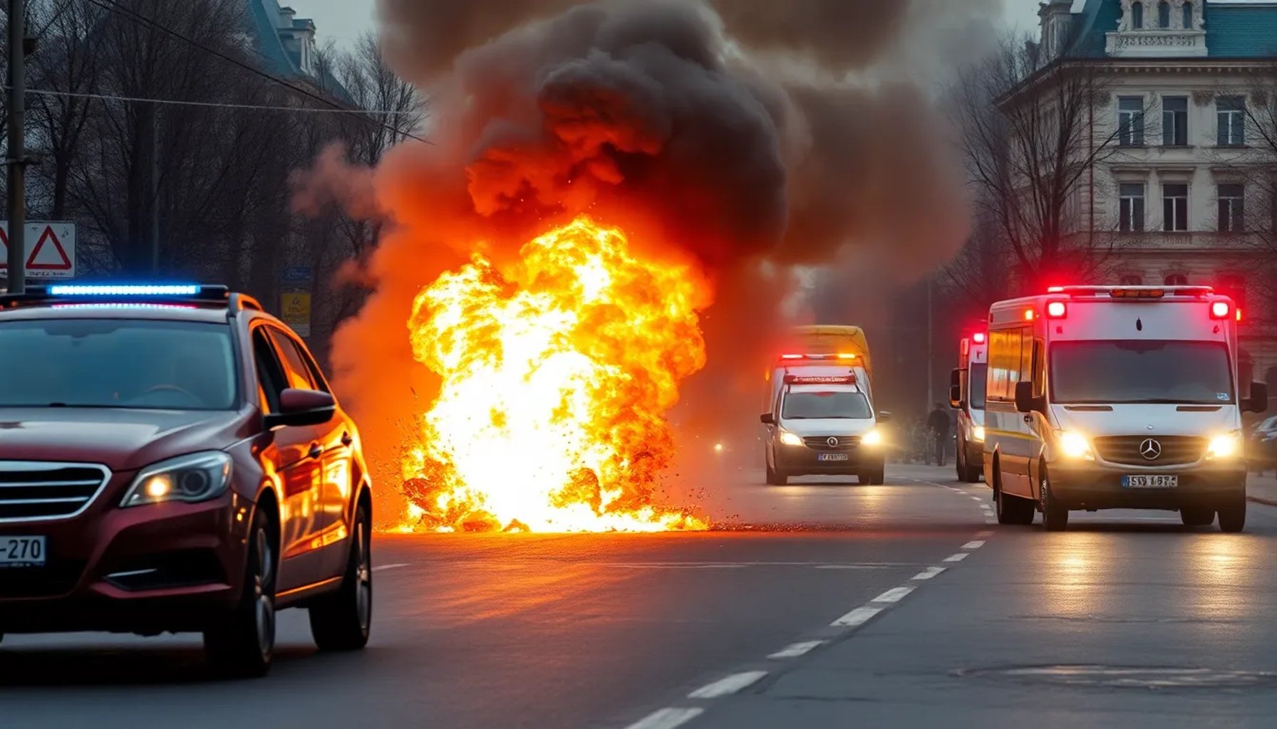 Explosión de un coche en una calle de Moscú con humo y servicios de emergencia en acción