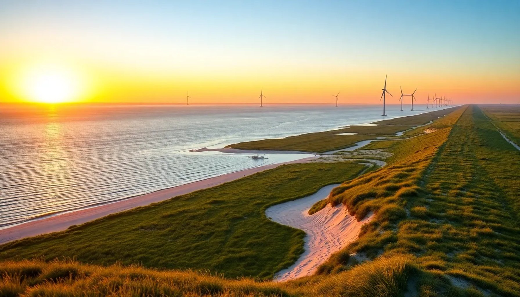 Vista panorámica de una costa europea con diques verdes y turbinas eólicas marinas al atardecer