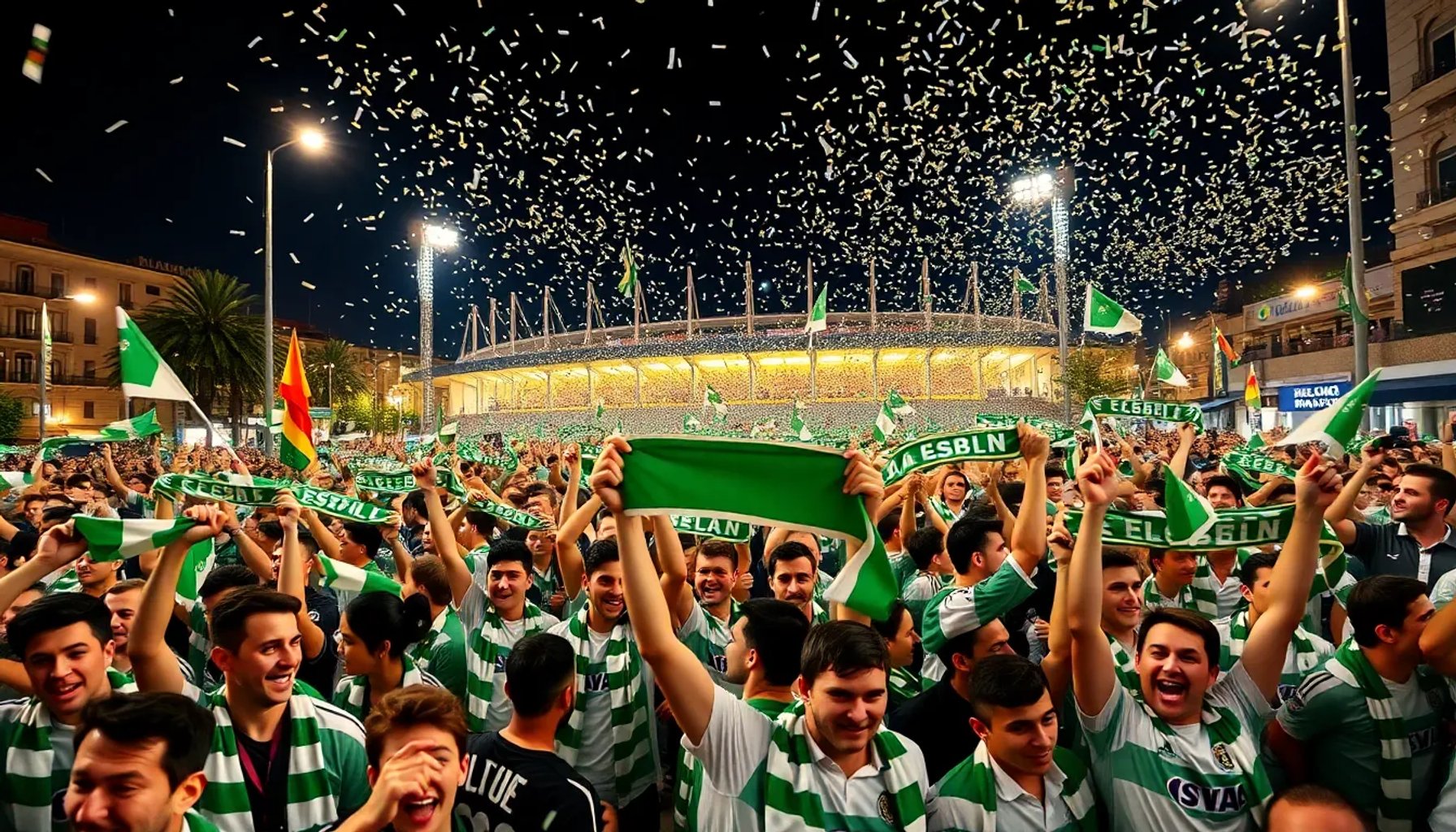 Aficionados del Elche celebrando en las calles con banderas y camisetas franjiverdes tras el ascenso a Primera