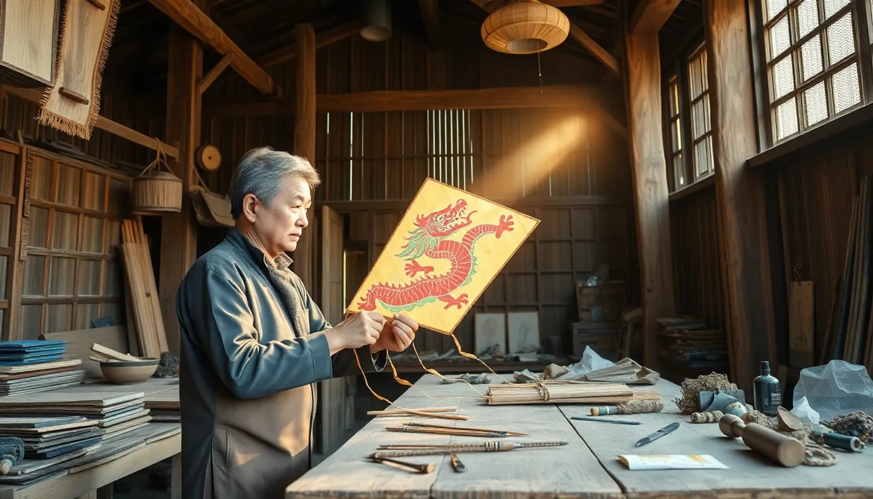Artesano ajustando una cometa de bambú y papel en un taller de Weifang al atardecer