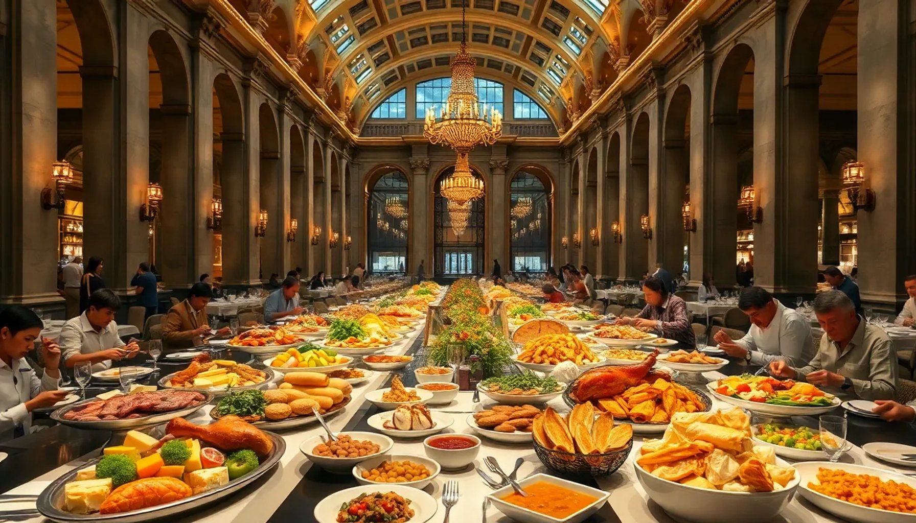 Vista panorámica del salón principal del Grands Buffets con mesas llenas de platos variados y luz cálida