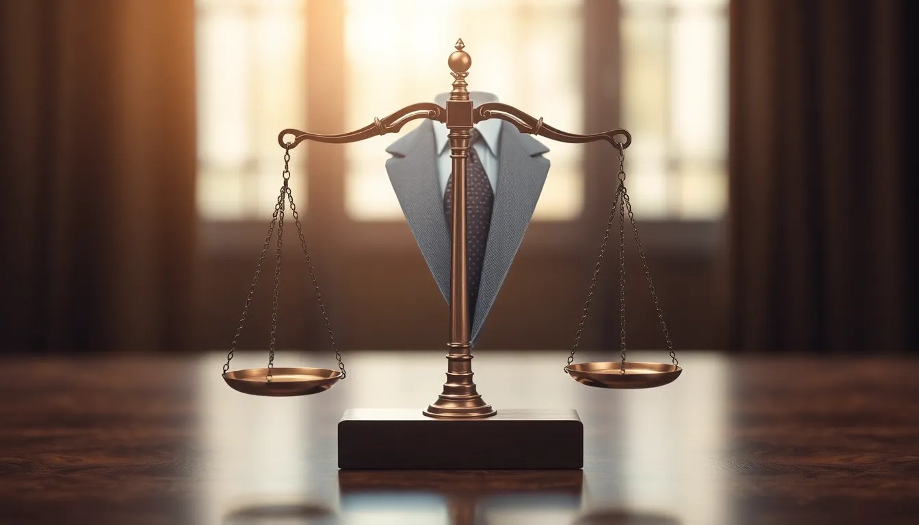 Ilustración de un traje de sastrería sobre una balanza de la justicia, simbolizando la supuesta relación entre lujo y corrupción