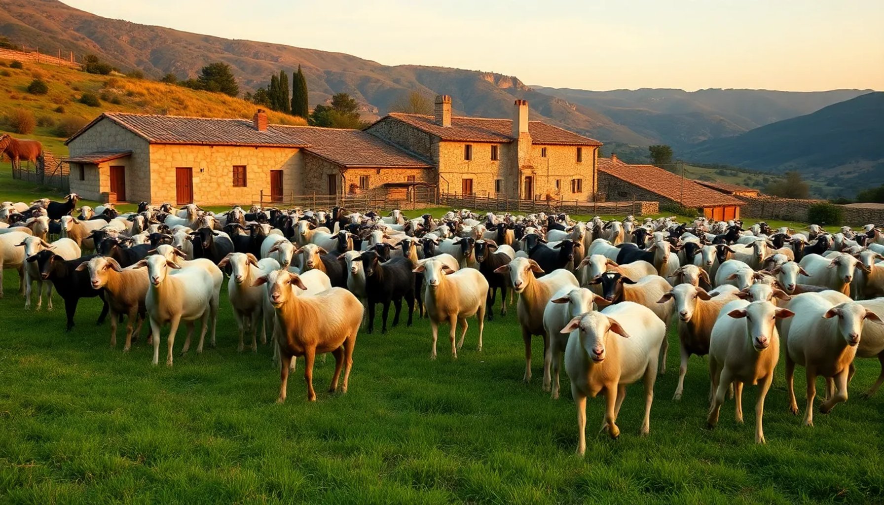 Granja familiar de cabras pastando en un campo castellano con montañas al fondo y el atardecer iluminando el escenario