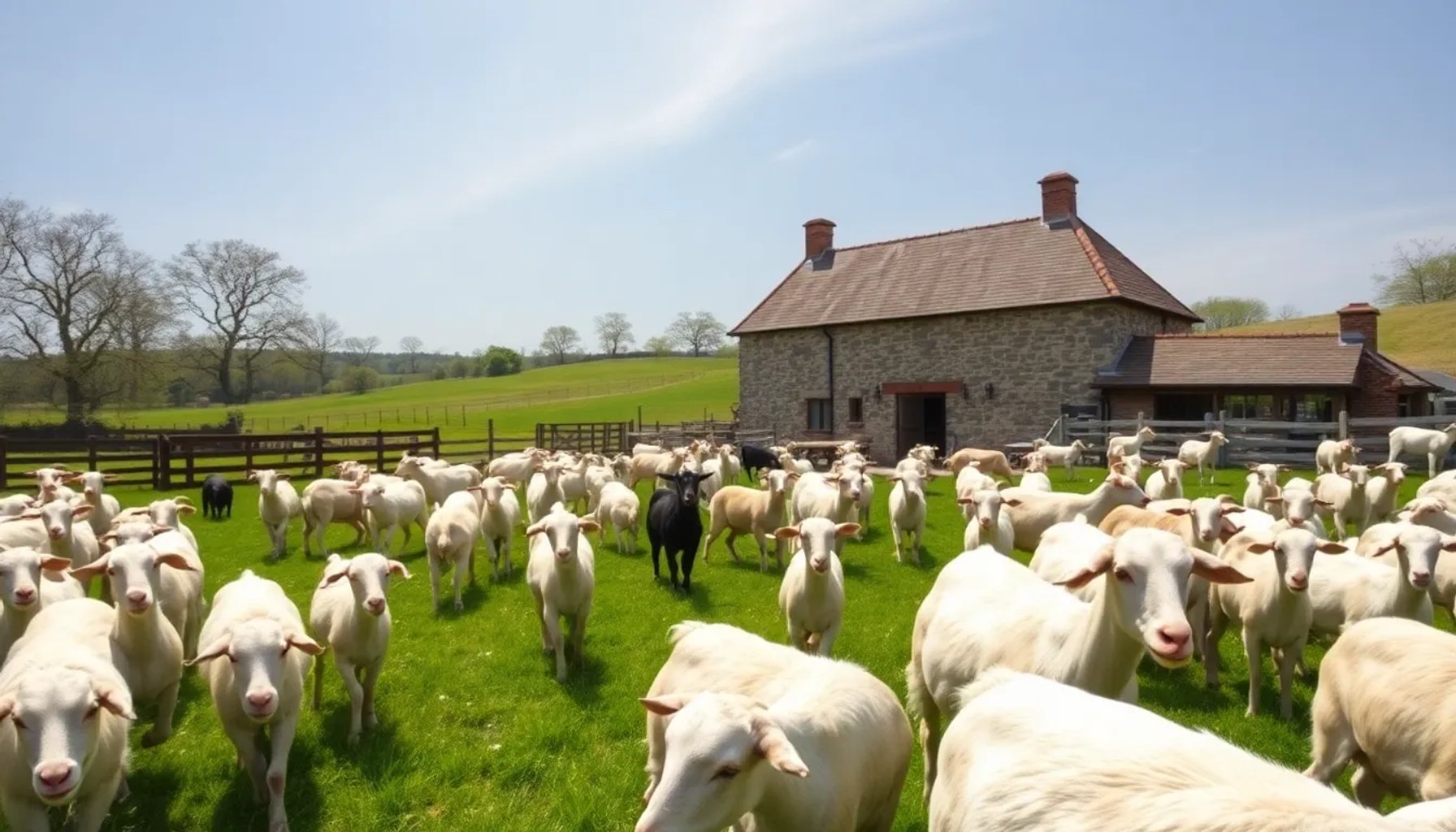 Granja familiar con cabras pastando en un campo español bajo un cielo despejado