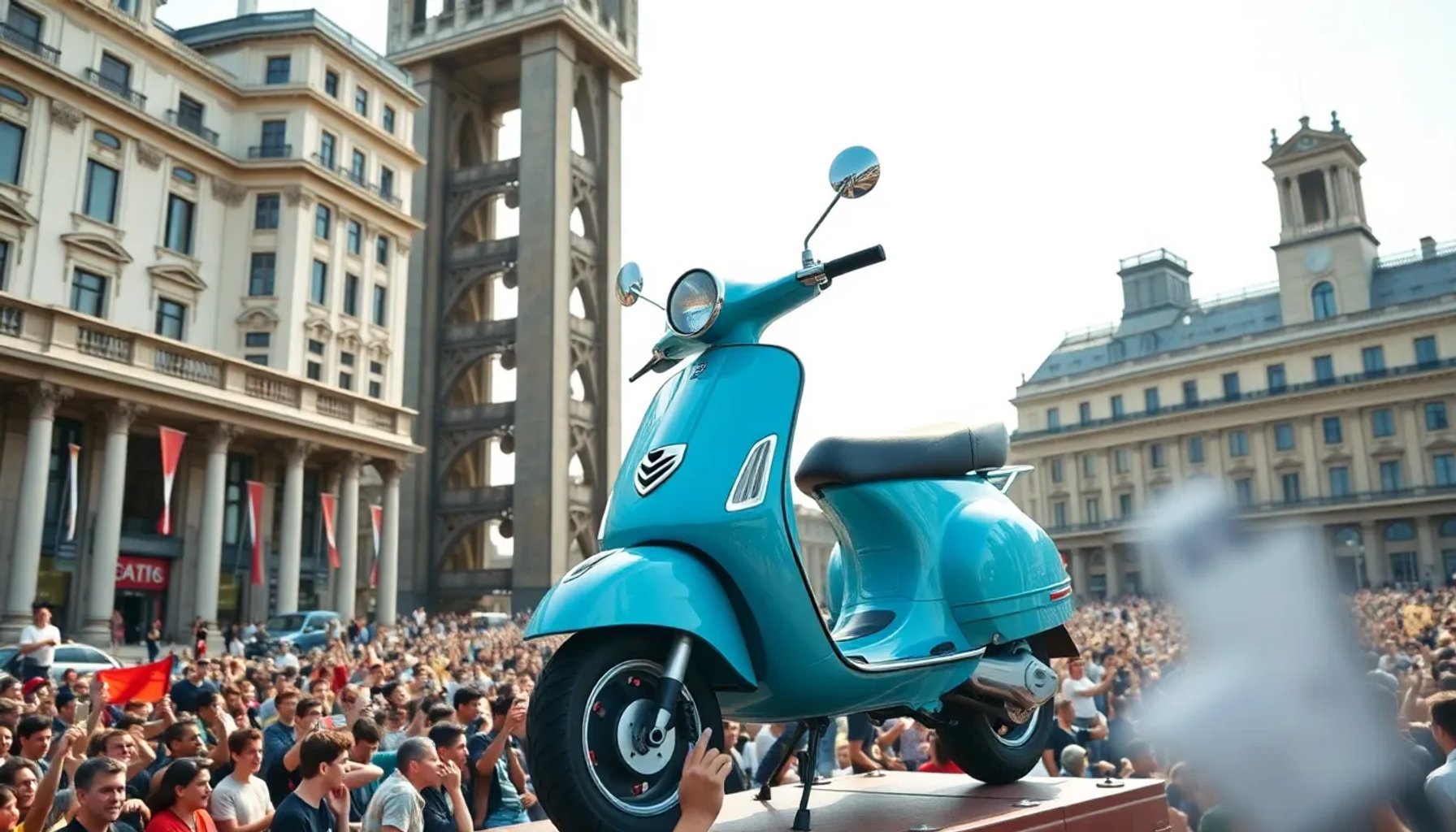 Torre humana de casi 40 metros con una Vespa clásica azul en la cima, rodeada de espectadores en una plaza urbana