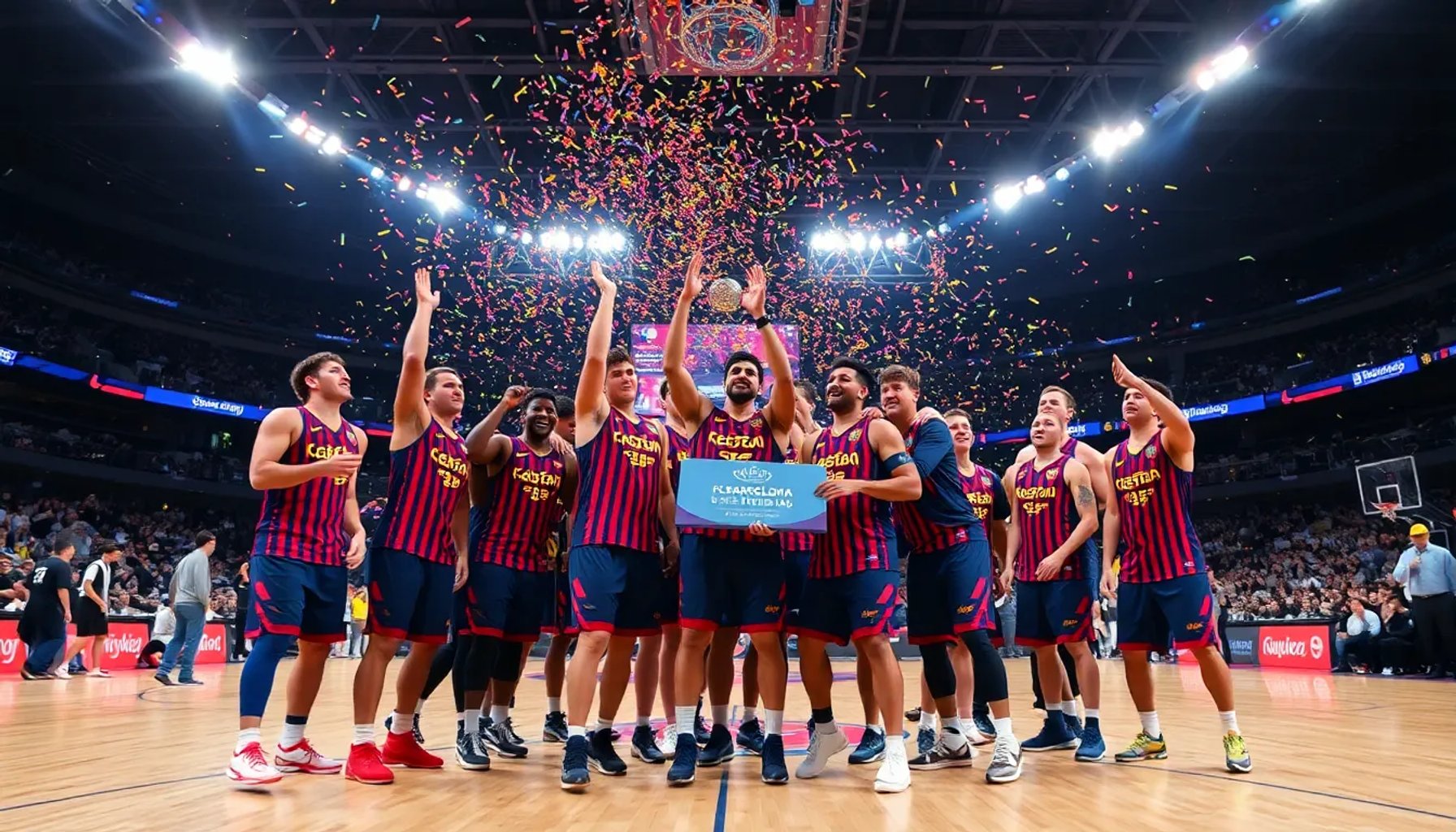 Jugadores del FC Barcelona celebrando la victoria en la final de la Liga Endesa 2025-26 sobre la pista de la Fonteta