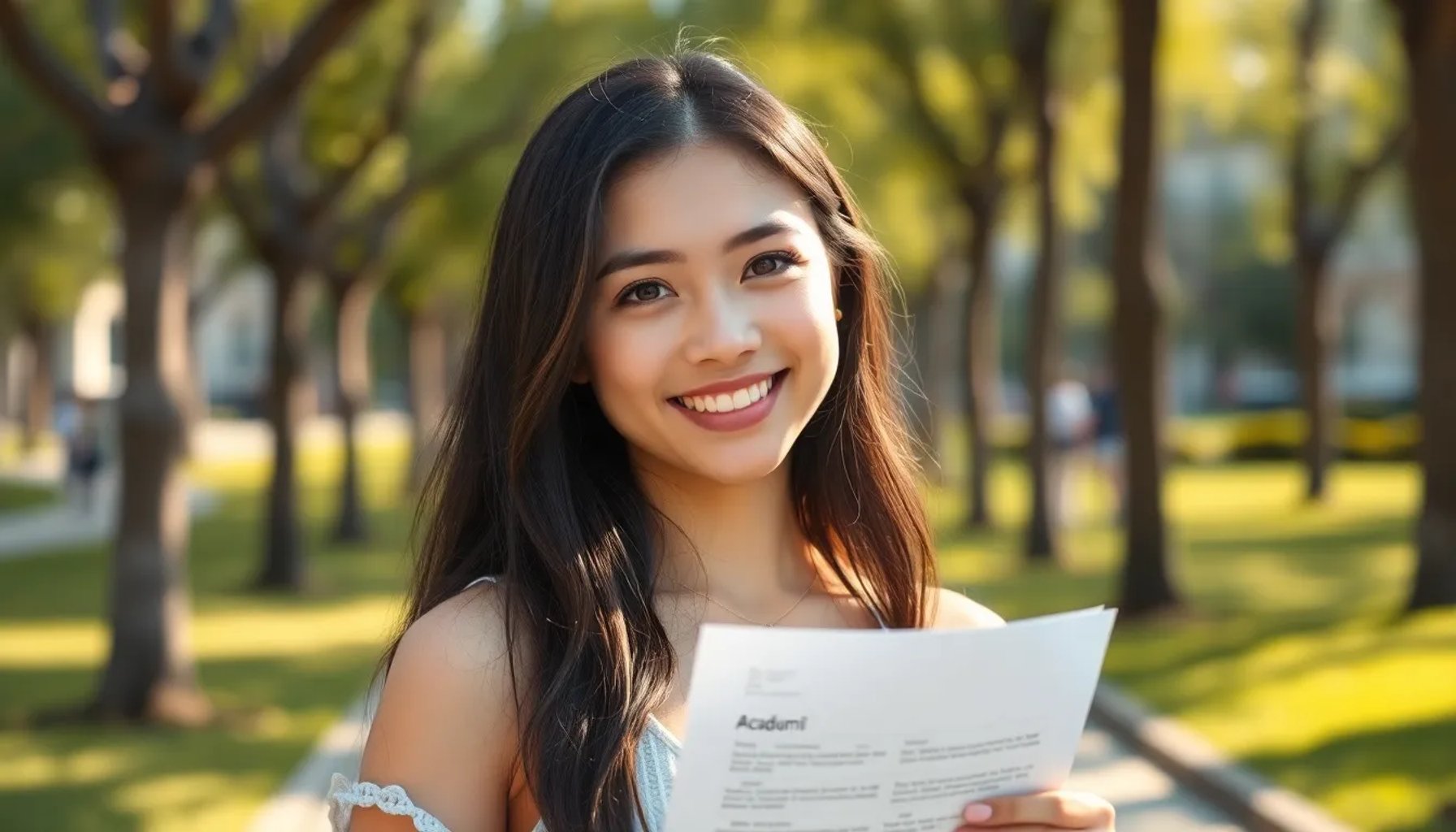 Valeria sonriendo mientras sostiene su historial académico en un parque de Madrid bajo luz suave