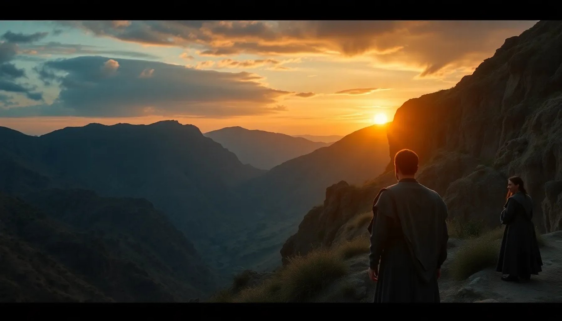 Imagen del set de Valle Salvaje con luz de atardecer sobre el valle