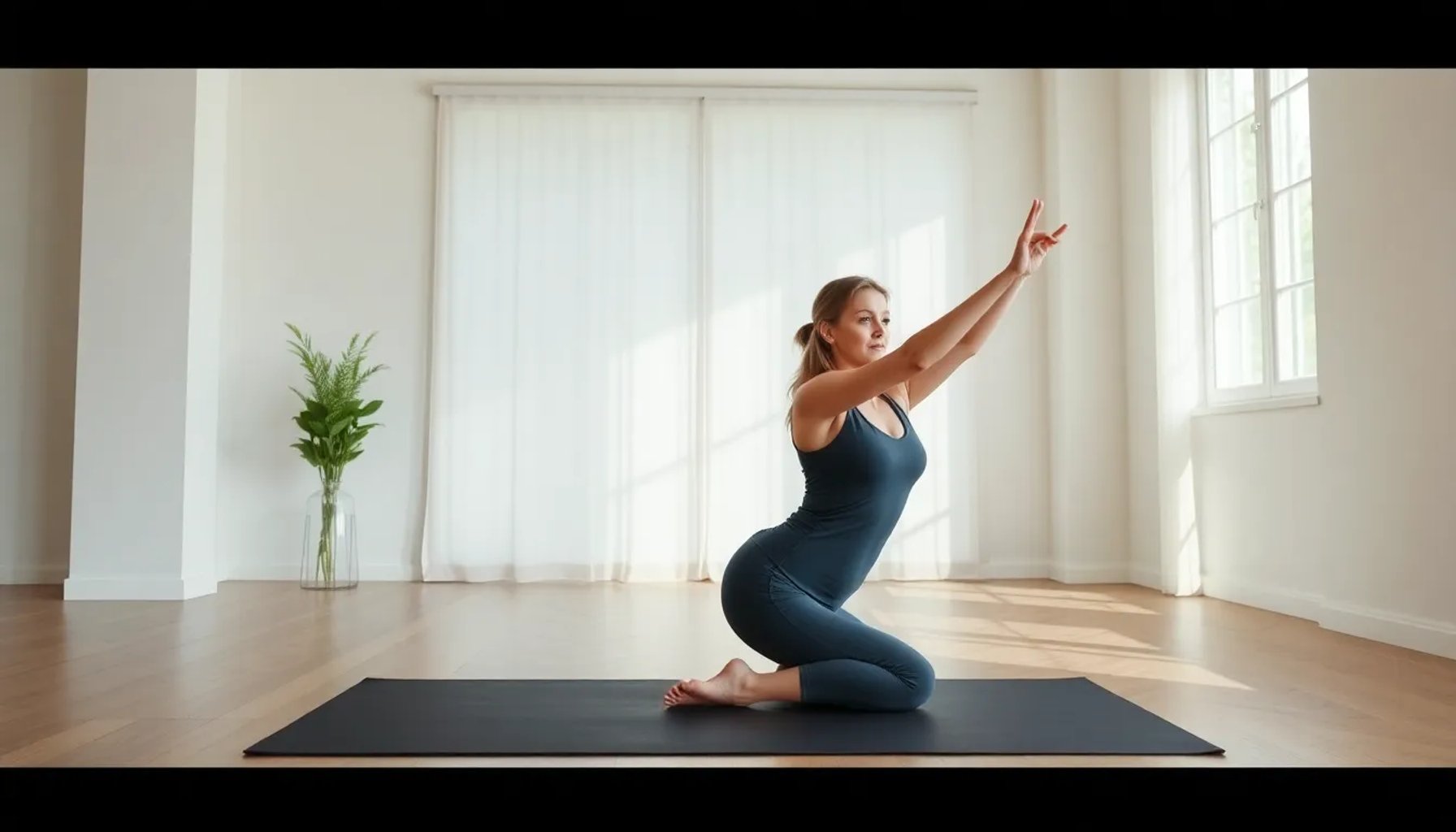 Instructora de Pilates mostrando ejercicio suave en esterilla, rodilla apoyada, ambiente luminoso