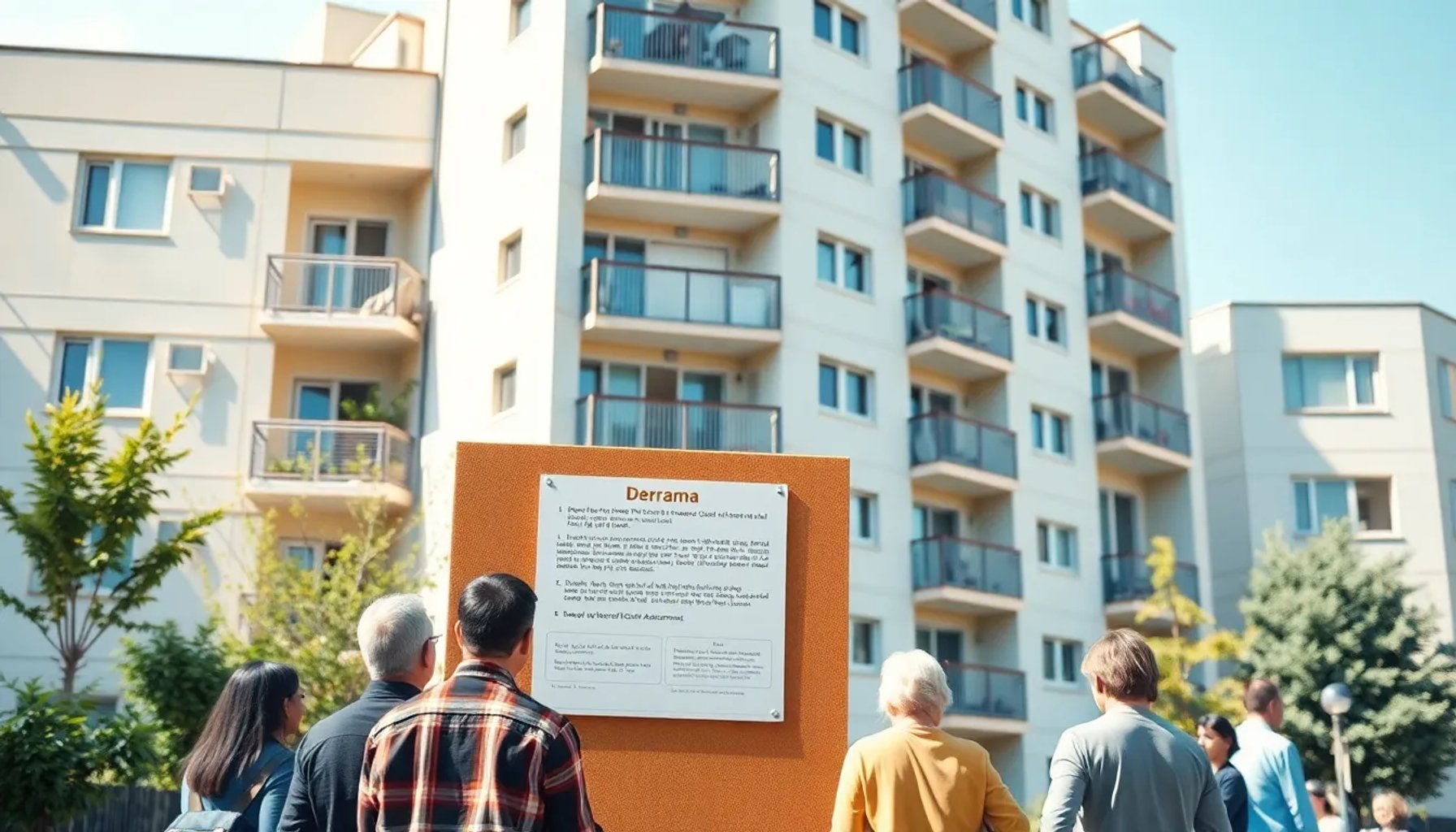 Imagen de un edificio de apartamentos con un letrero de derrama y vecinos discutiendo
