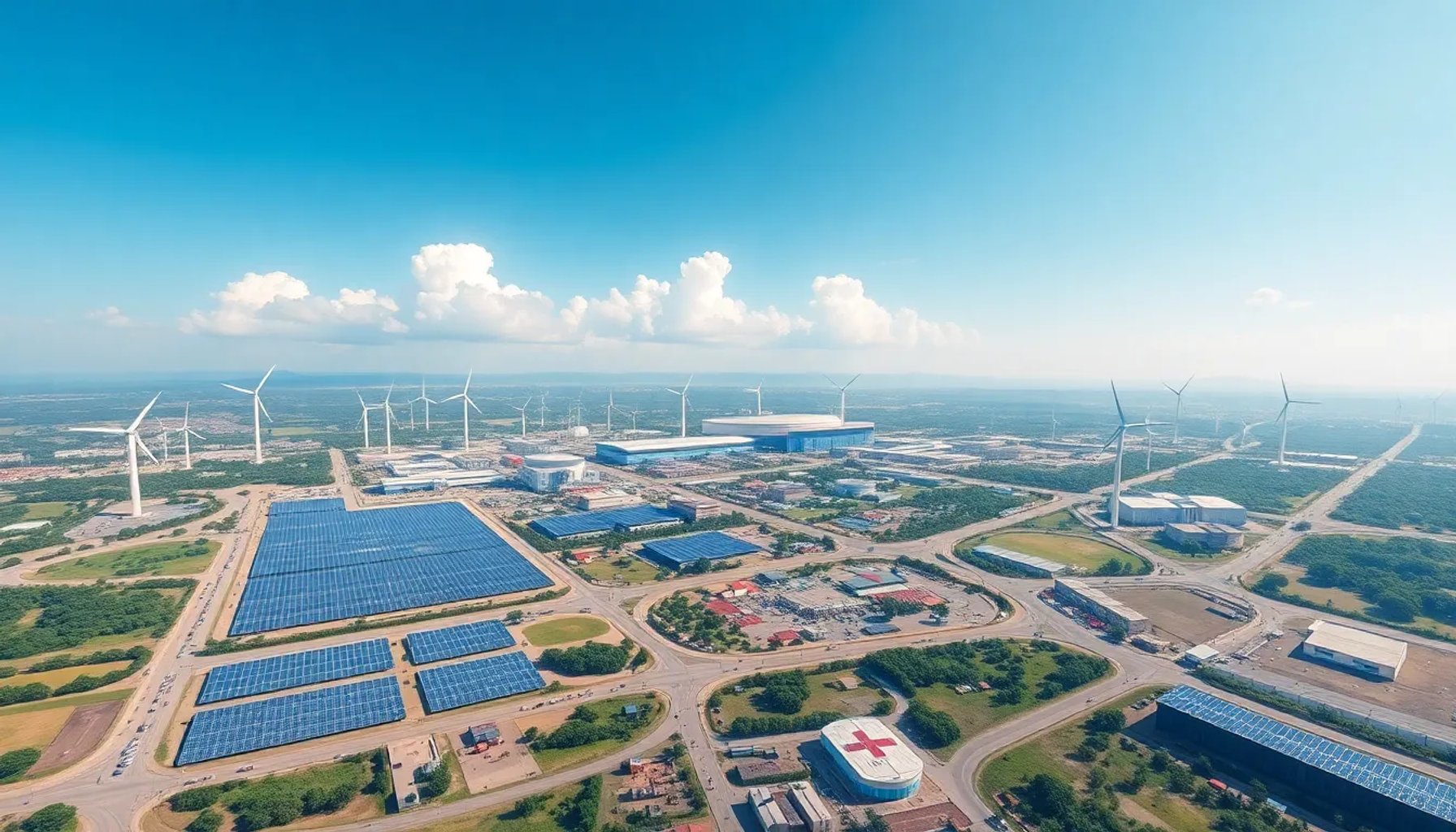 Vista aérea de la zona industrial de Guayana, Venezuela, con paneles solares y turbinas eólicas como símbolo de experimentación