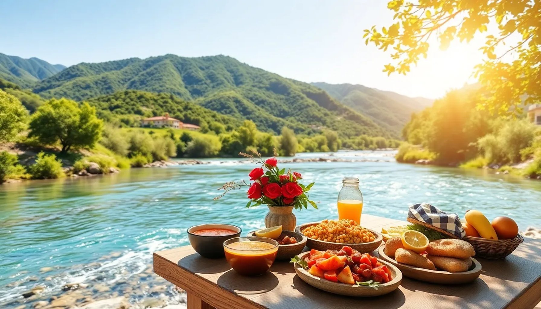 Paisaje veraniego del interior murciano con río cristalino, montañas verdes y mesa de productos locales