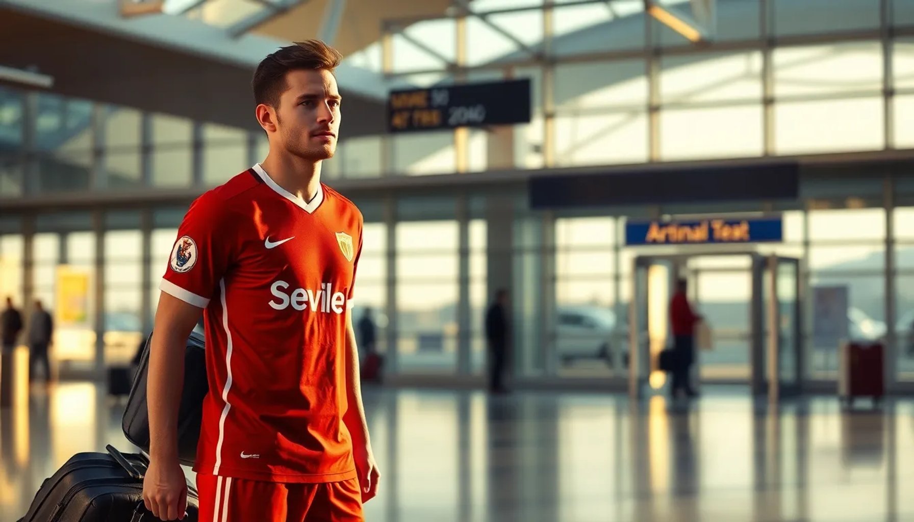Fotografía de un jugador de fútbol con equipación del Sevilla mirando hacia el horizonte del aeropuerto