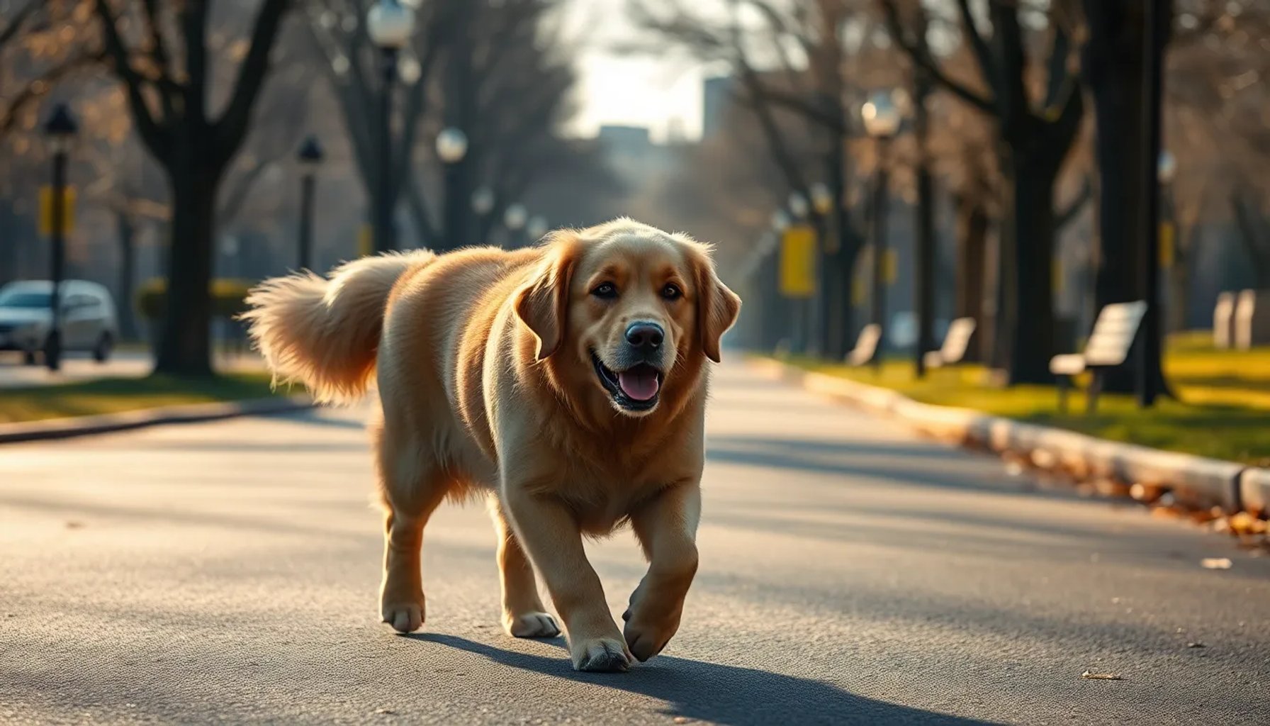 Perro feliz caminando al amanecer bajo la sombra de un árbol