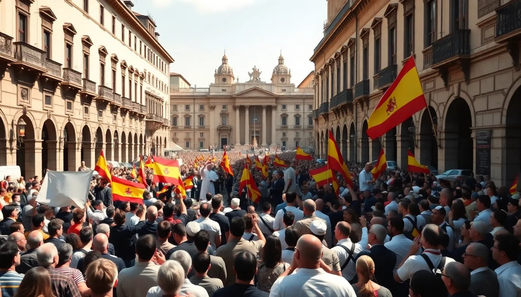 Multitud en una plaza española esperando la llegada de un papa, con banderas vaticanas y españolas