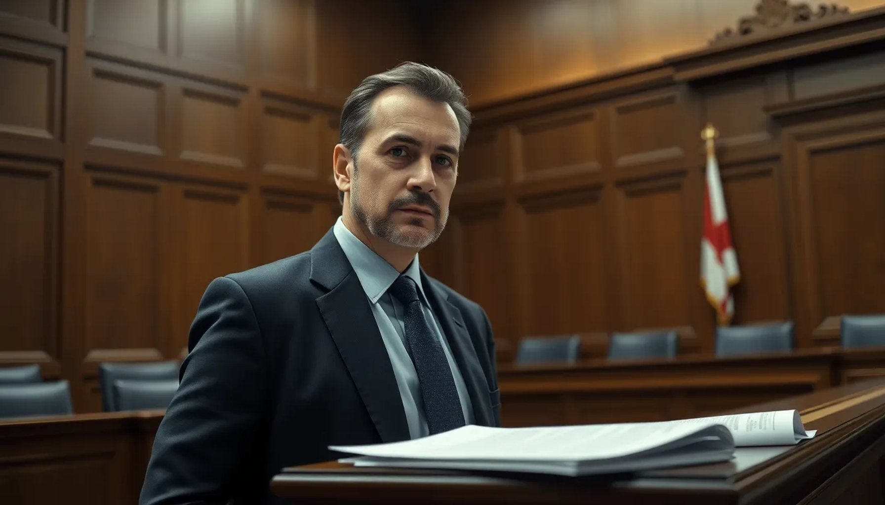 David Sánchez sentado en la sala de audiencias, con el juez y documentos legales al fondo