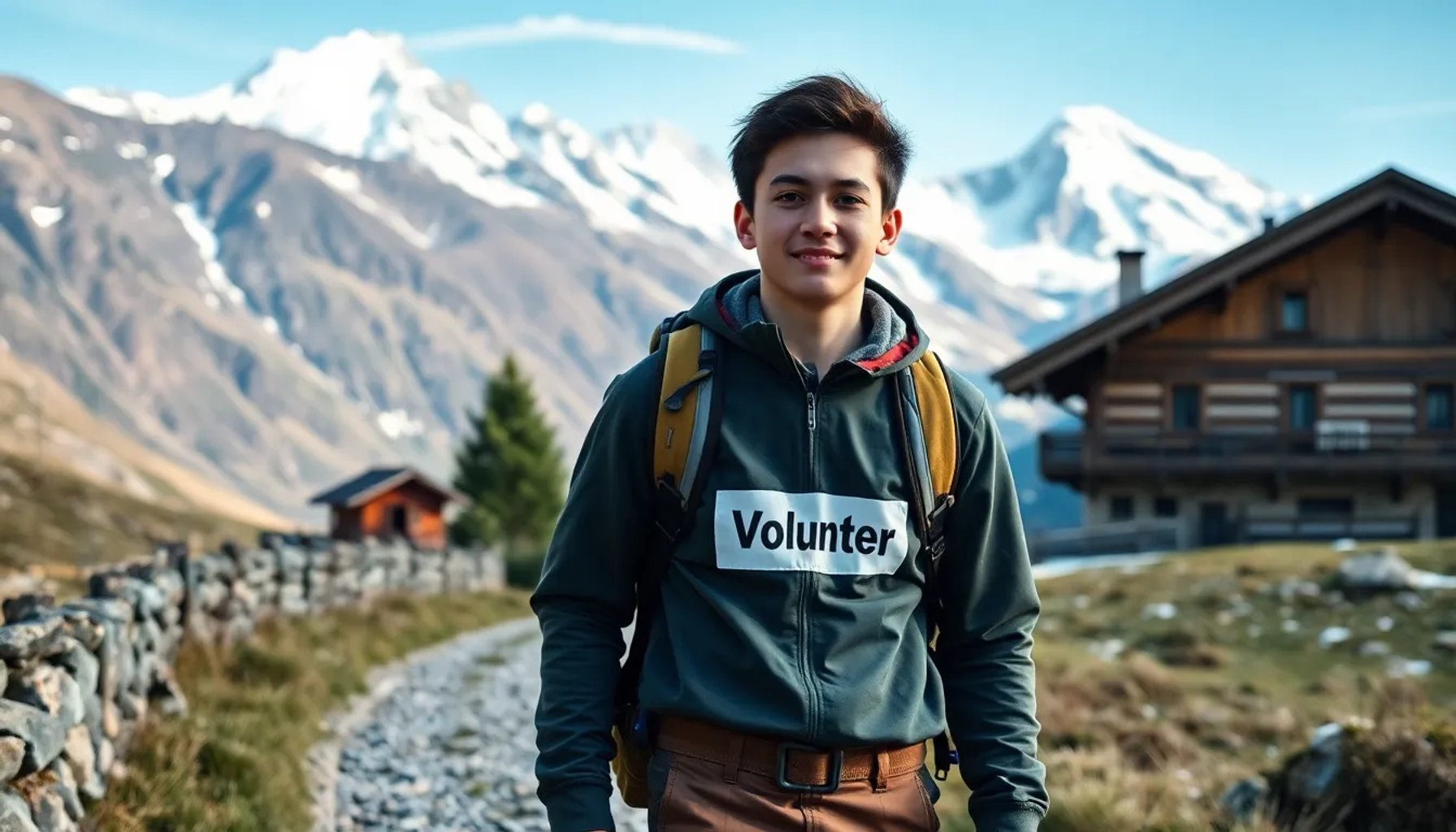 Joven voluntario trabajando en un sendero alpino con vistas a montañas nevadas y una casa de montaña tradicional