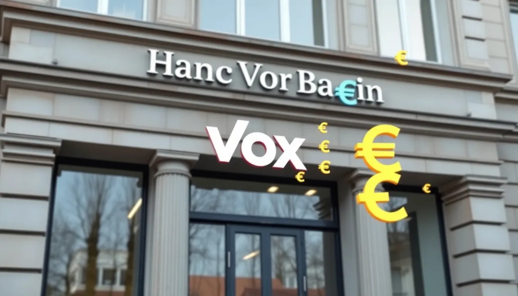 Ilustración de un edificio bancario húngaro con el logo de Vox y símbolos de euros flotando