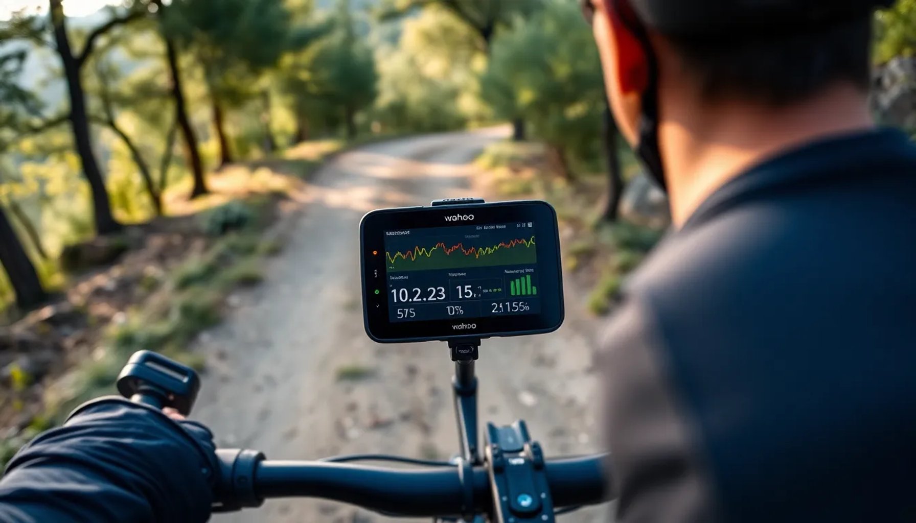 Ciclista observando datos de fisiología en tiempo real en la pantalla de un GPS Wahoo durante una ruta de montaña