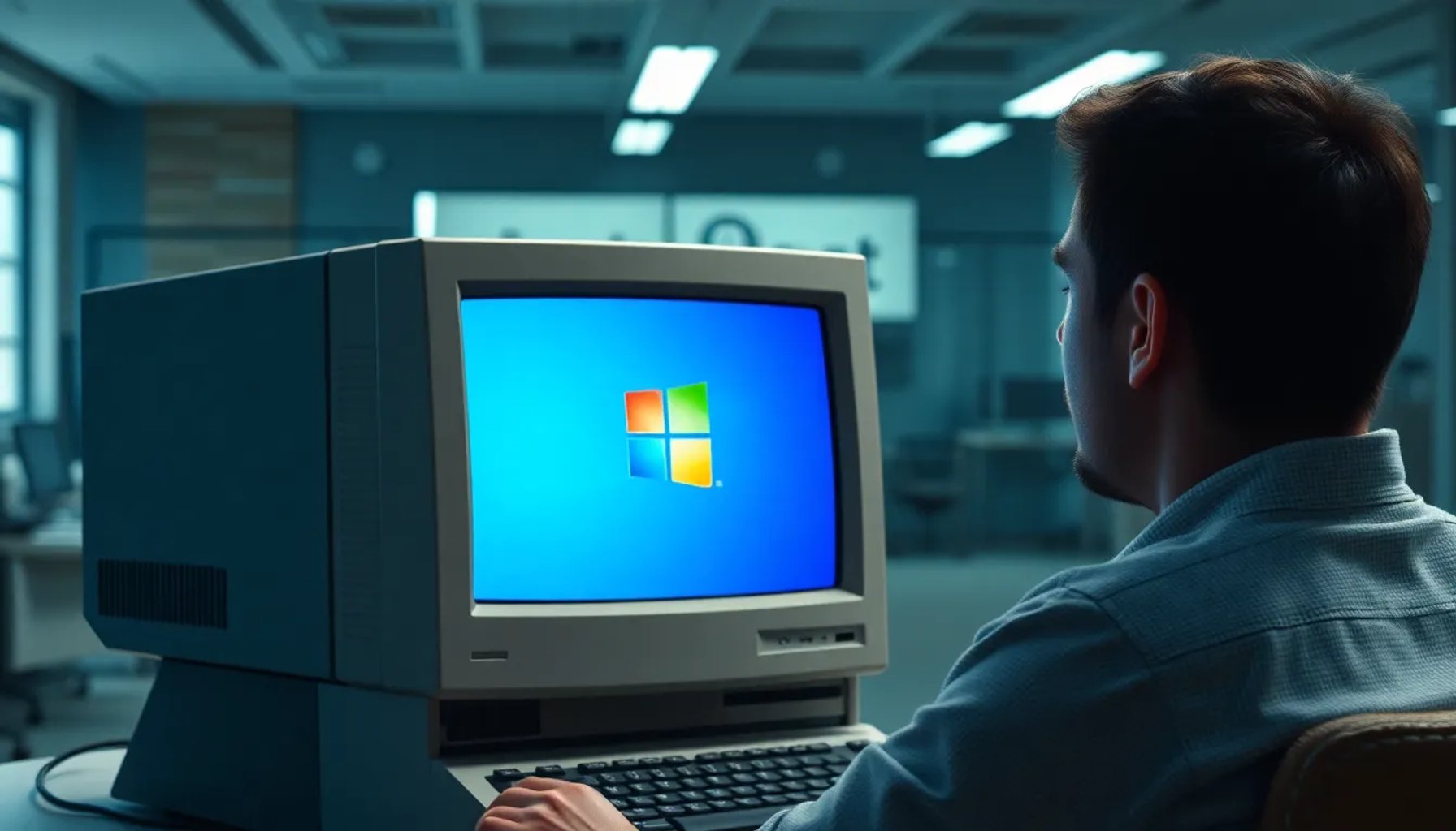 Ordenador antiguo con pantalla mostrando el logo de Windows 11 y una interfaz simplificada