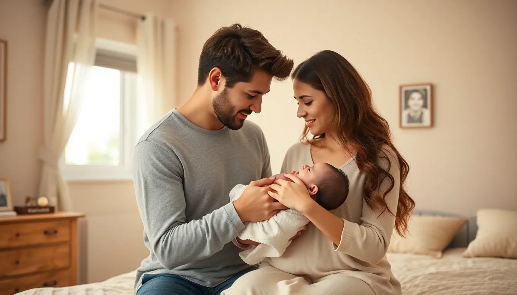 Padres abrazando a su recién nacido en una habitación iluminada, símbolo de un parto en casa