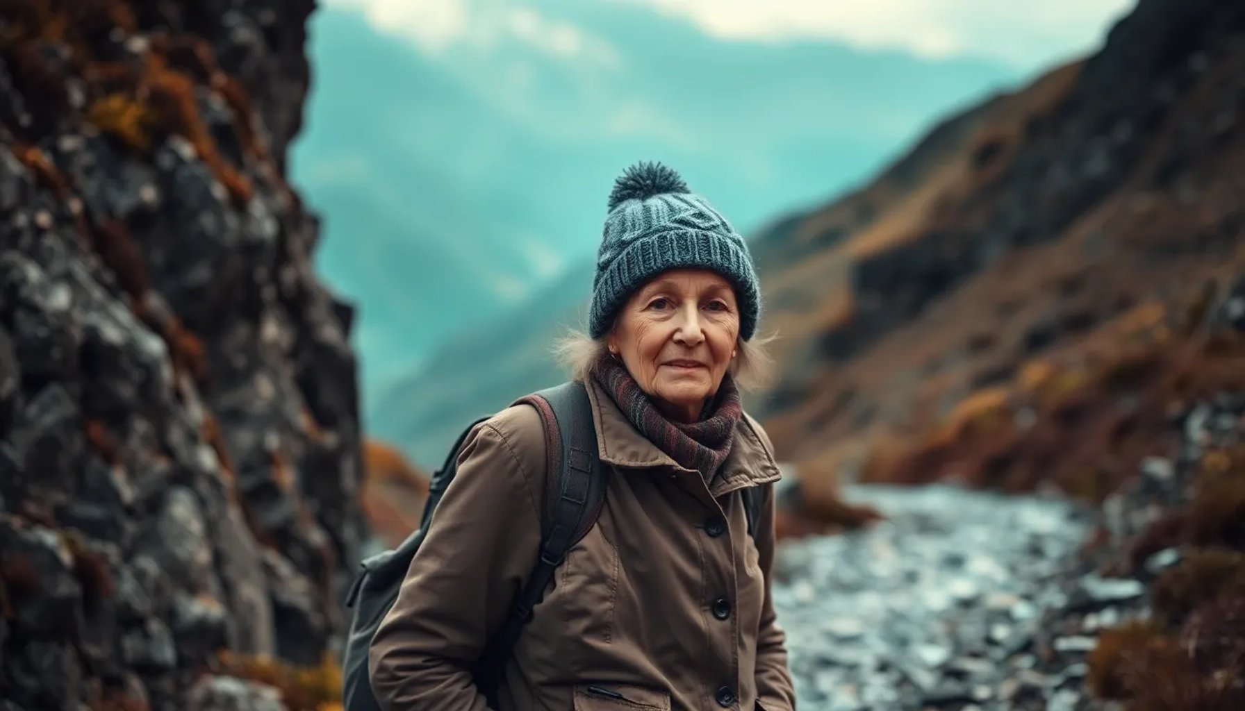 Mujer de 71 años llamada Yaya caminando por una montaña nevada con una mochila
